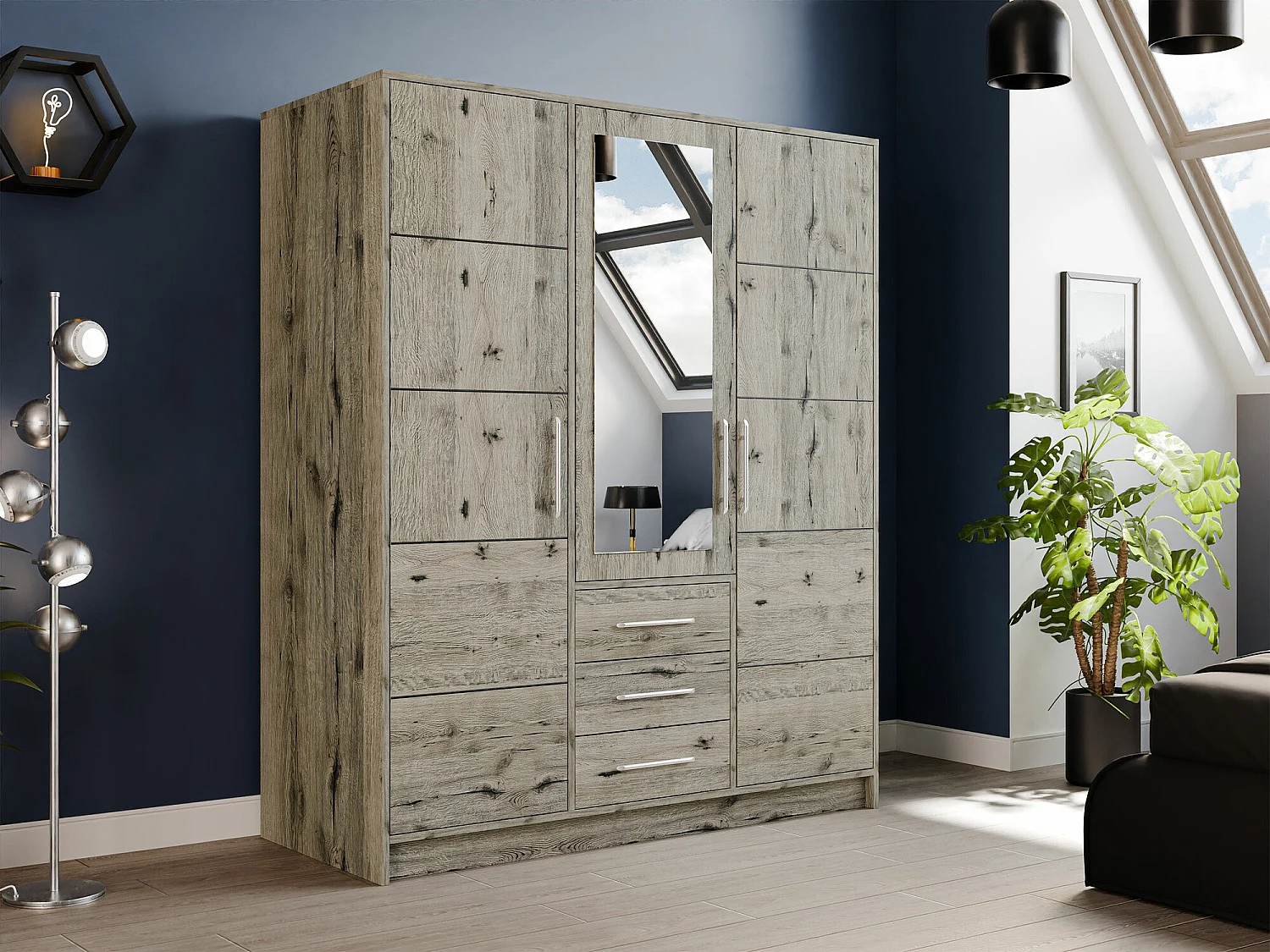 Armario Dortivu 148, Roble wellington, 200x147x58cm, Puertas de armario: Con bisagras