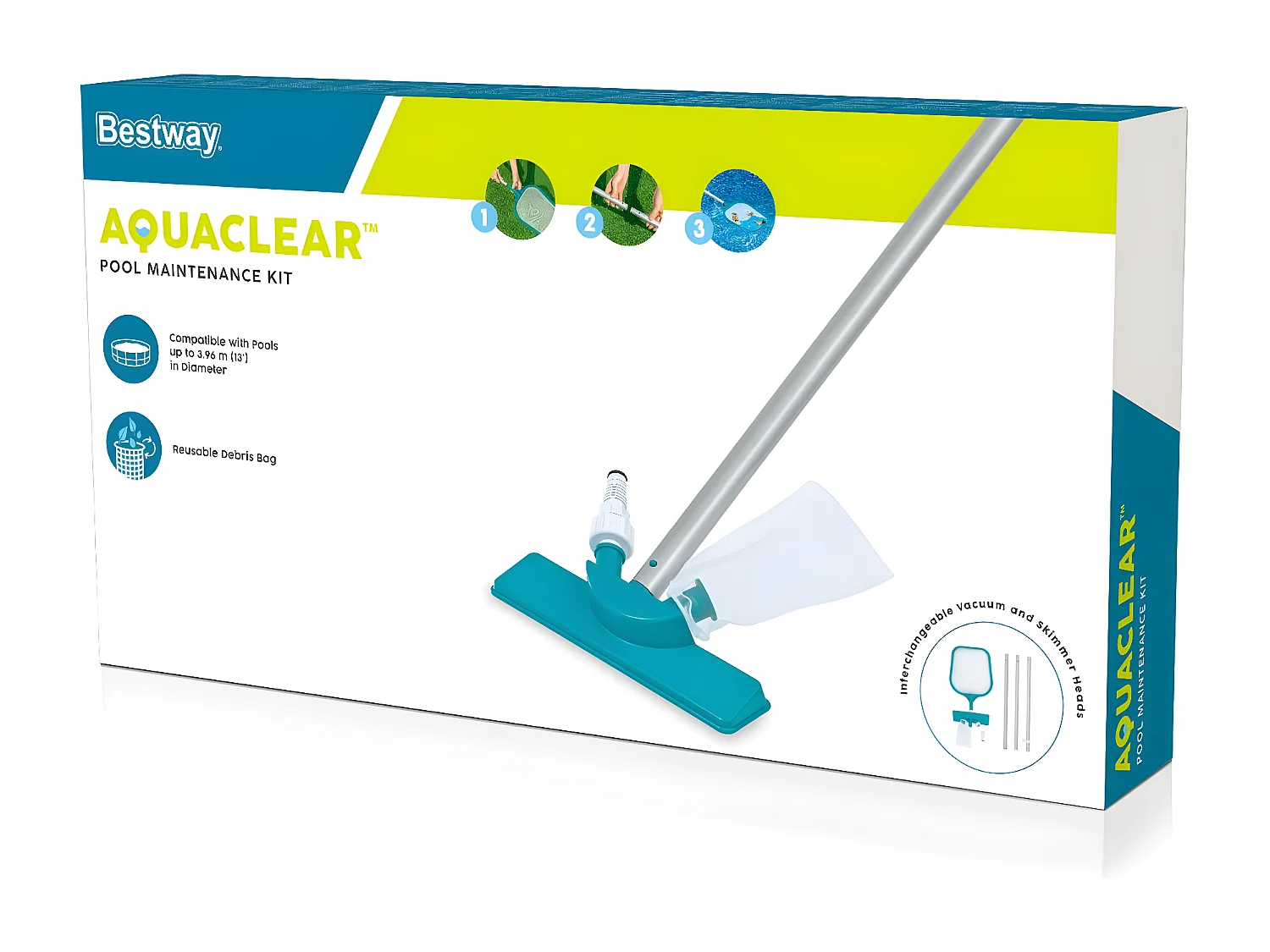 Kit de Mantenimiento para Piscinas Bestway AquaClear con Pértiga 167 cm, Limpiafondos y Recogehojas