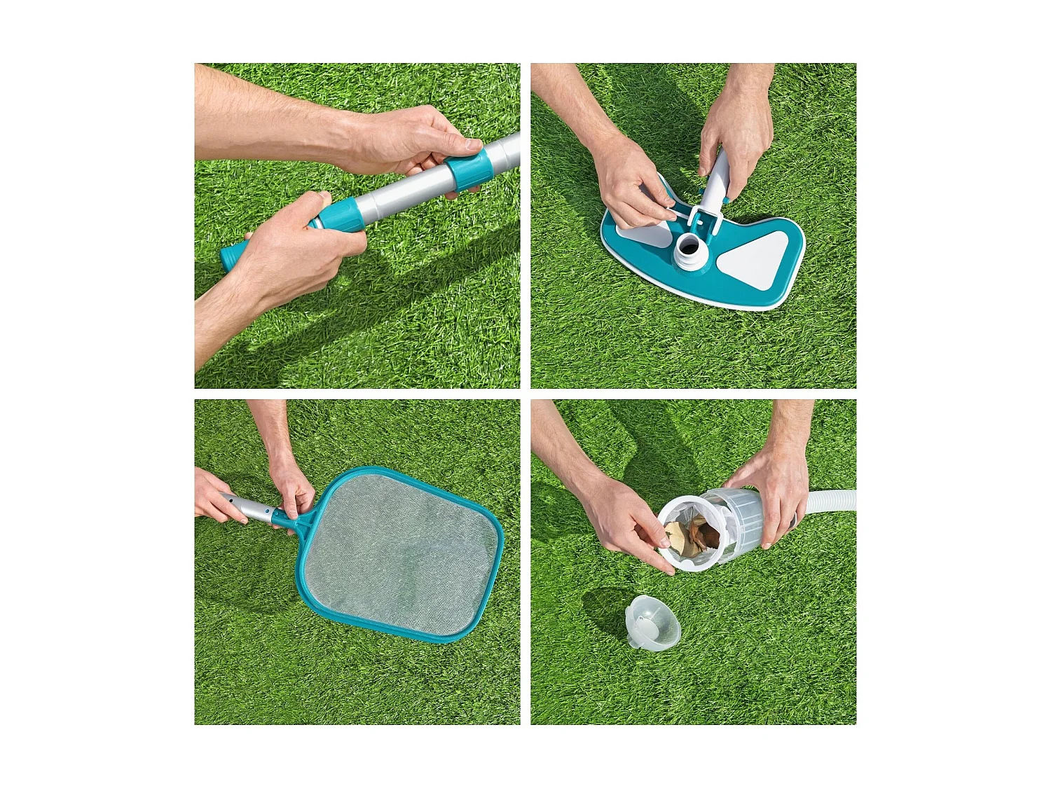 Kit d'Entretien et Maintenance pour Piscines Bestway AquaClean avec Perche 279 cm, Nettoyeur et Épuisette, Connexion à Épurateur