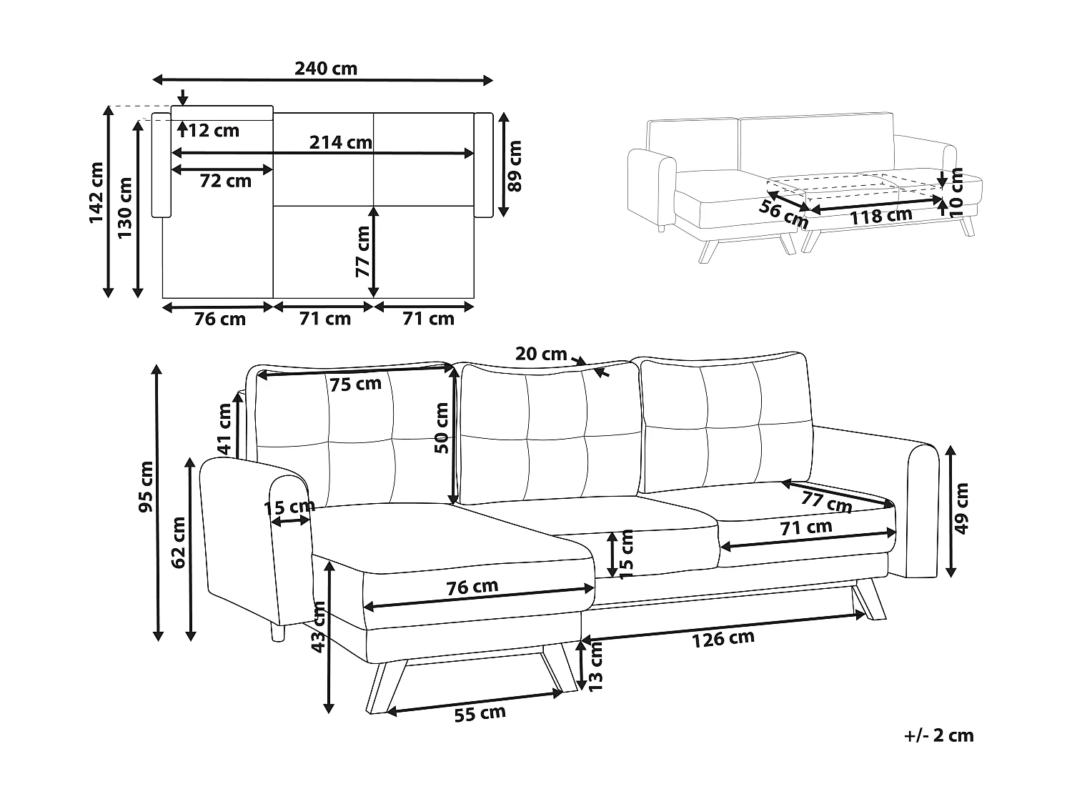 Eckschlafsofa SIRO Bouclé Cremeweiss mit Stauraum 3-Sitzer rechtsseitig