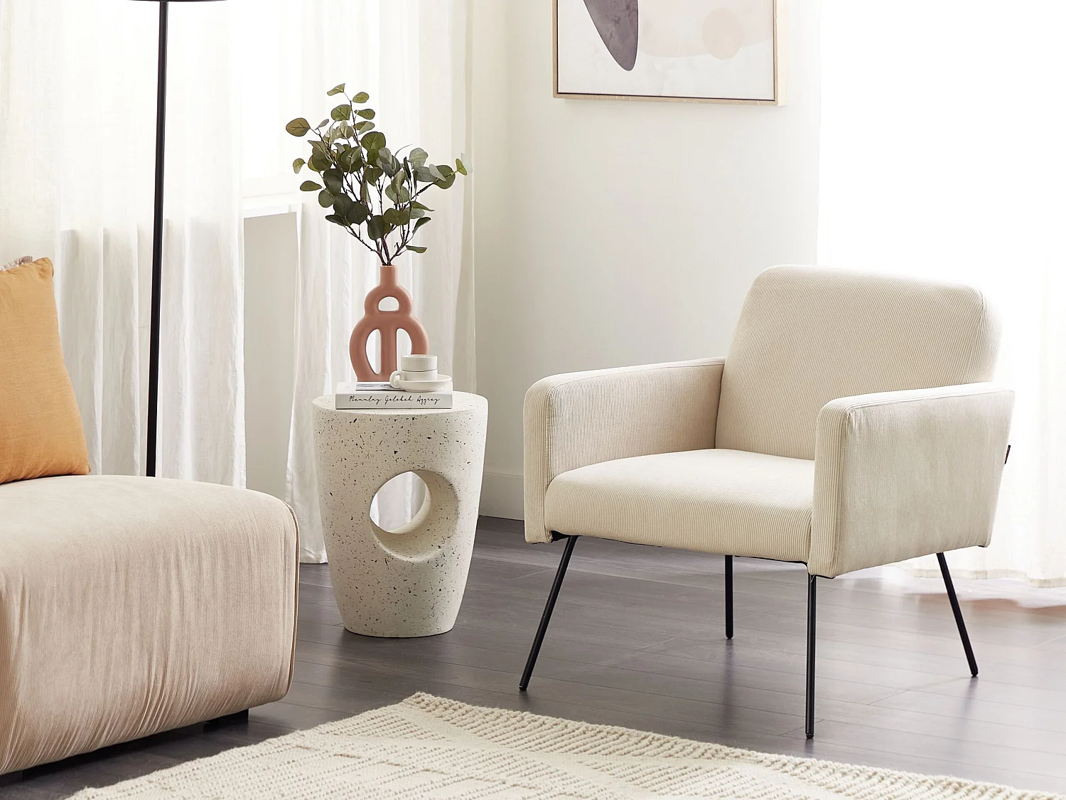 Fauteuil NARKEN Velours côtelé Crème