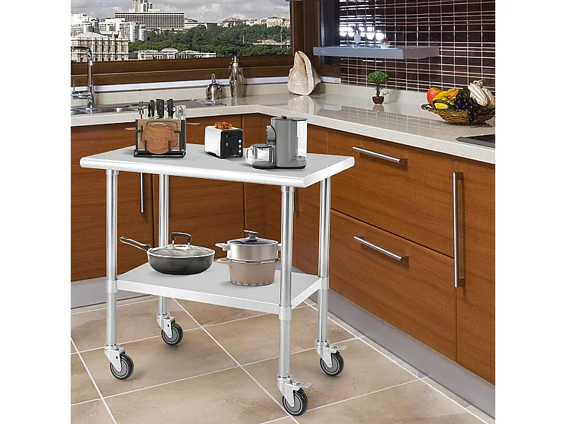 Tavolino da lavoro in acciaio regolabile a 2 ripiani da cucina, Carrello in metallo per officina 91,5x61x89,5cm Argento