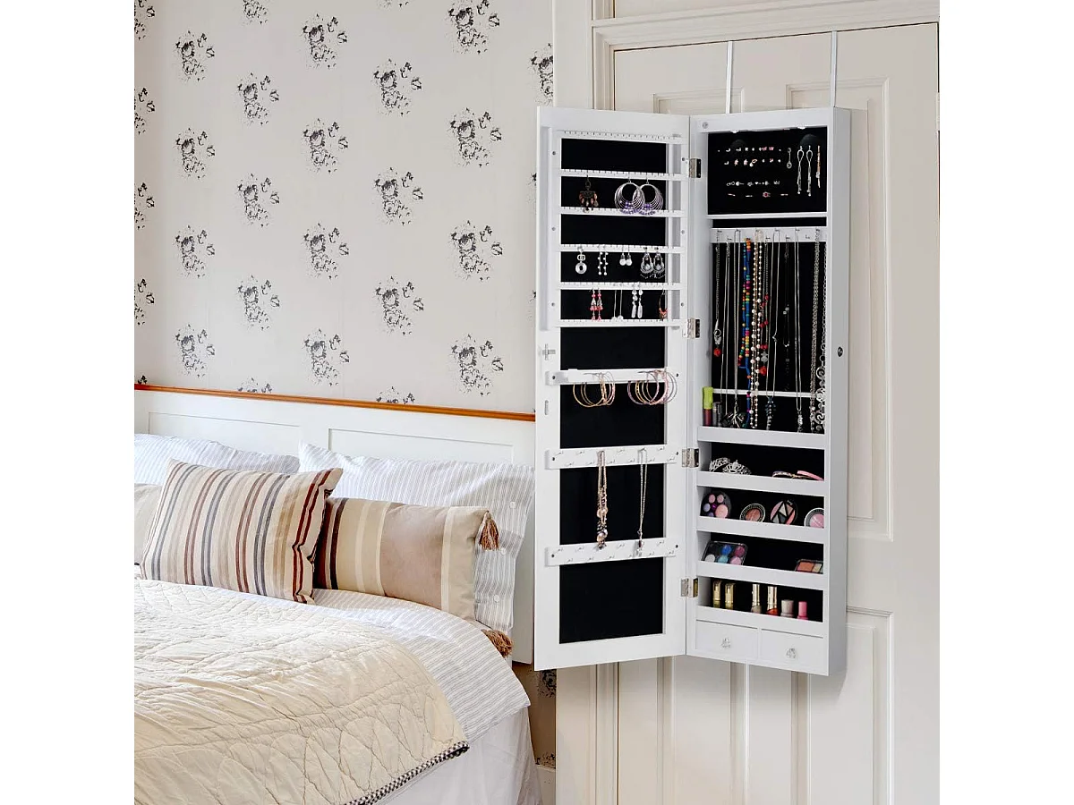 Schmuckschrank Wandspiegel mit LED Beleuchtung Spiegelschrank 120 x 35,5 x 10 cm Schwarz/Weiß-Weiß