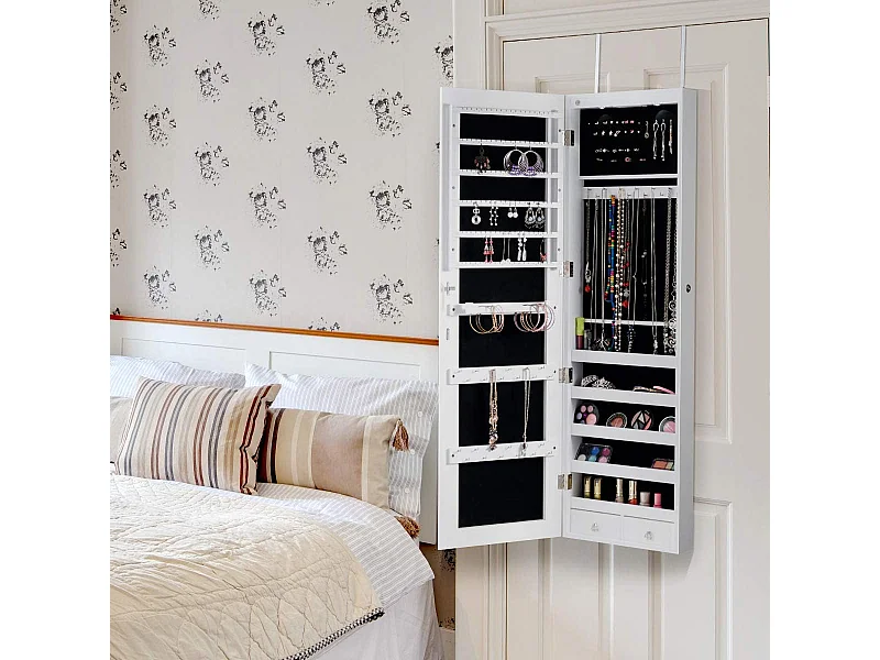 Armadio portagioie con specchio in legno a parete con LED interno 33,5x10x120cm Bianco