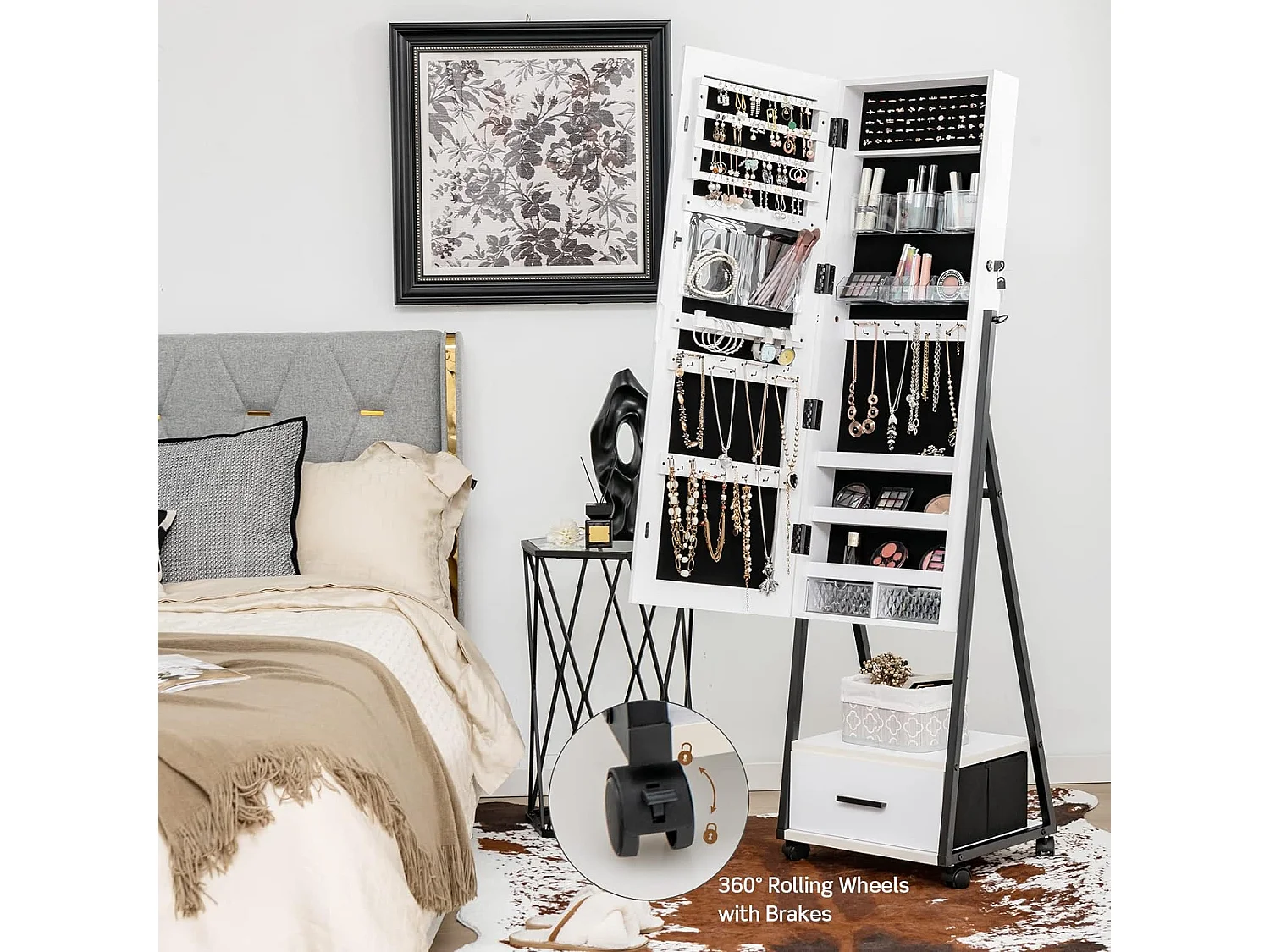 Armadietto portagioie da terra con specchio per trucchi e cosmetici, Portagioie a ruote con cassetti Bianco