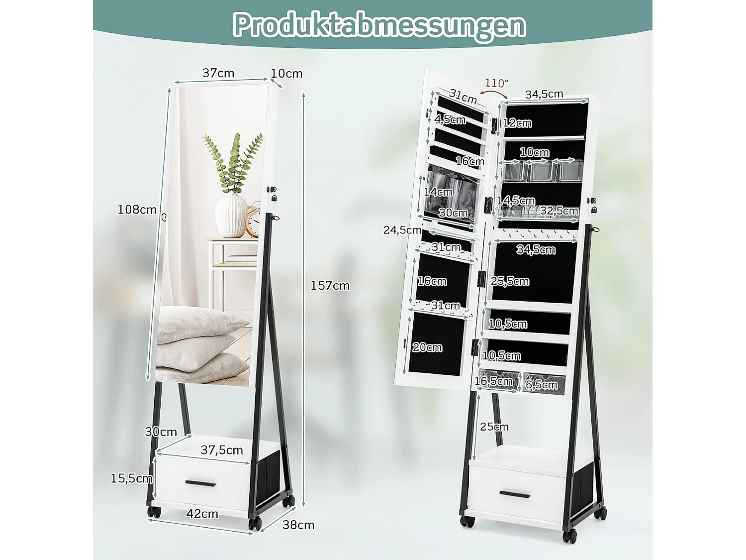 Spiegelschrank Schmuck- und Make-up-Organizer mit Ganzkörperspiegel 42 x 38 x 157 cm Weiß