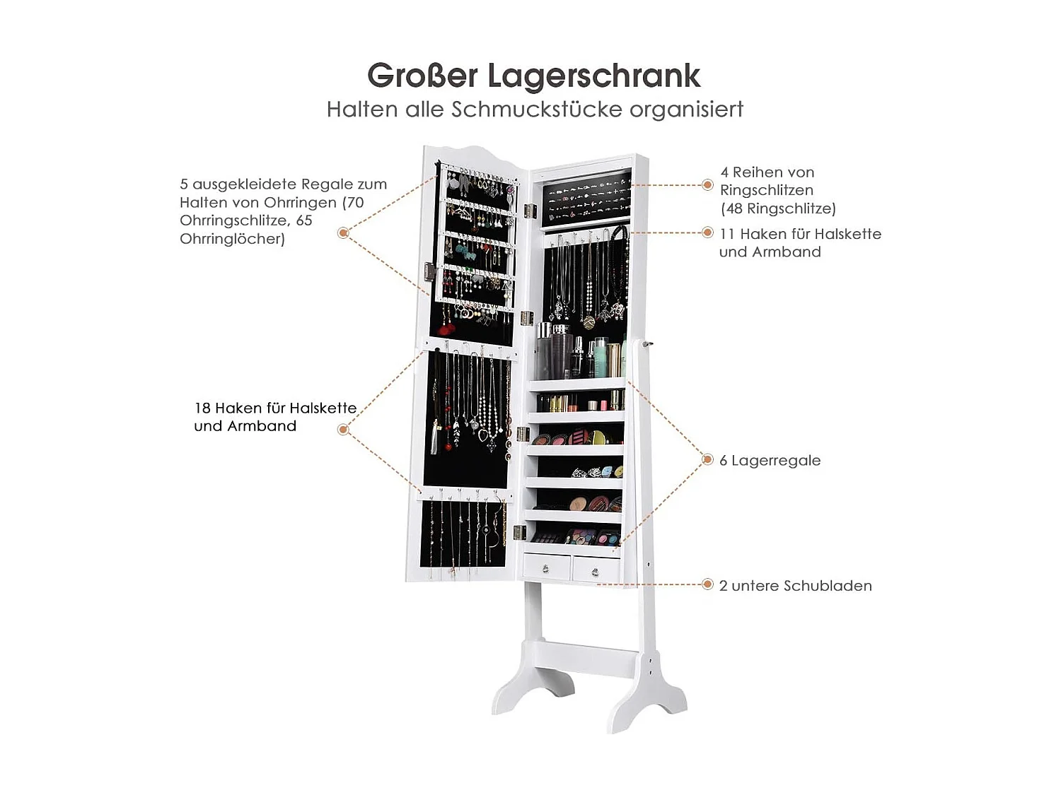 Schmuckschrank Schmuck-Organizer mit Spiegeltür in voller Länge 41,5 x 37 x 160 cm Weiß