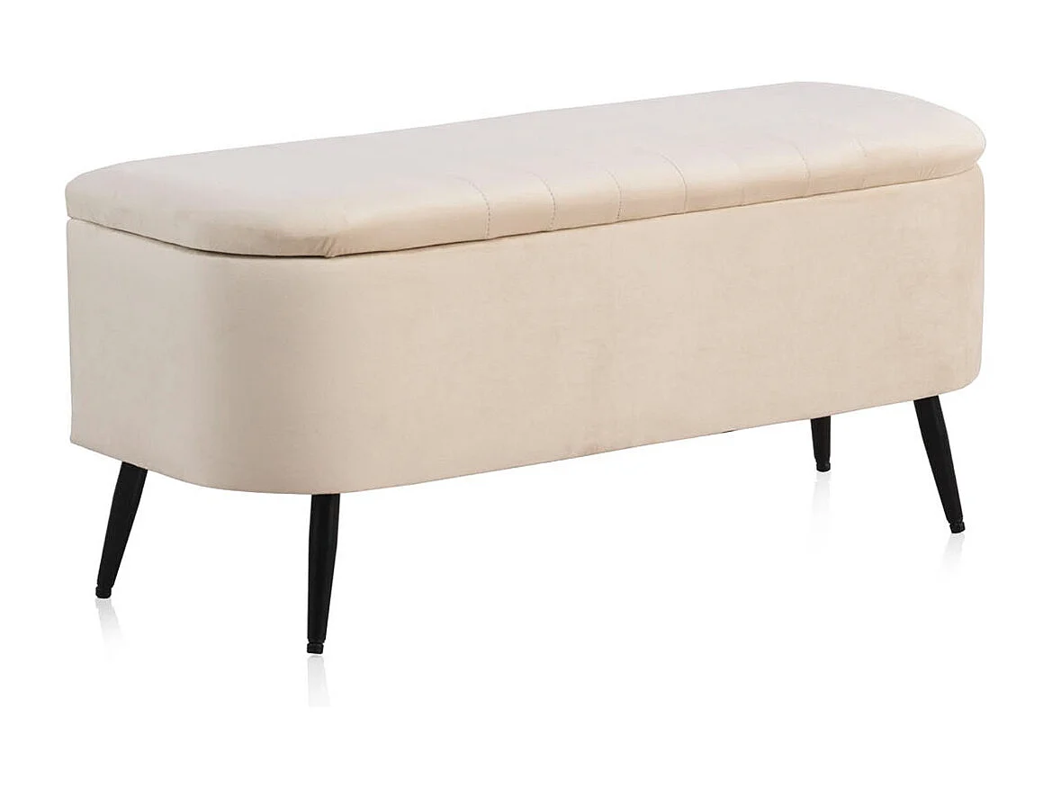 Banquette-coffre rembourrée en velours beige avec pieds métalliques