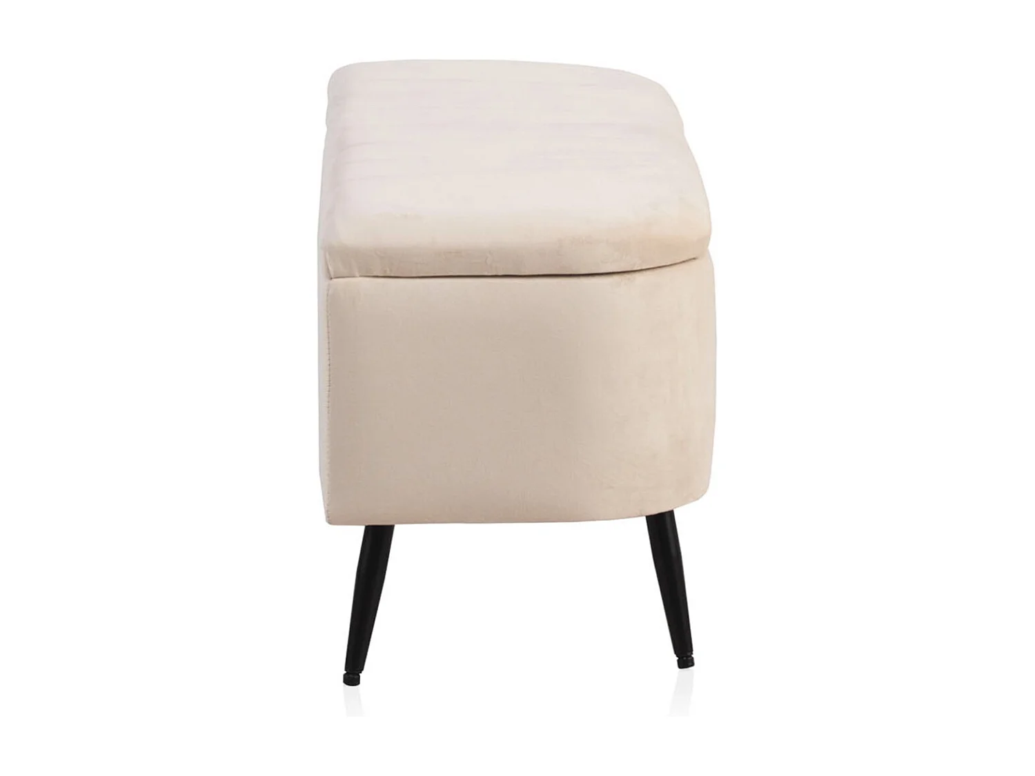 Banquette-coffre rembourrée en velours beige avec pieds métalliques