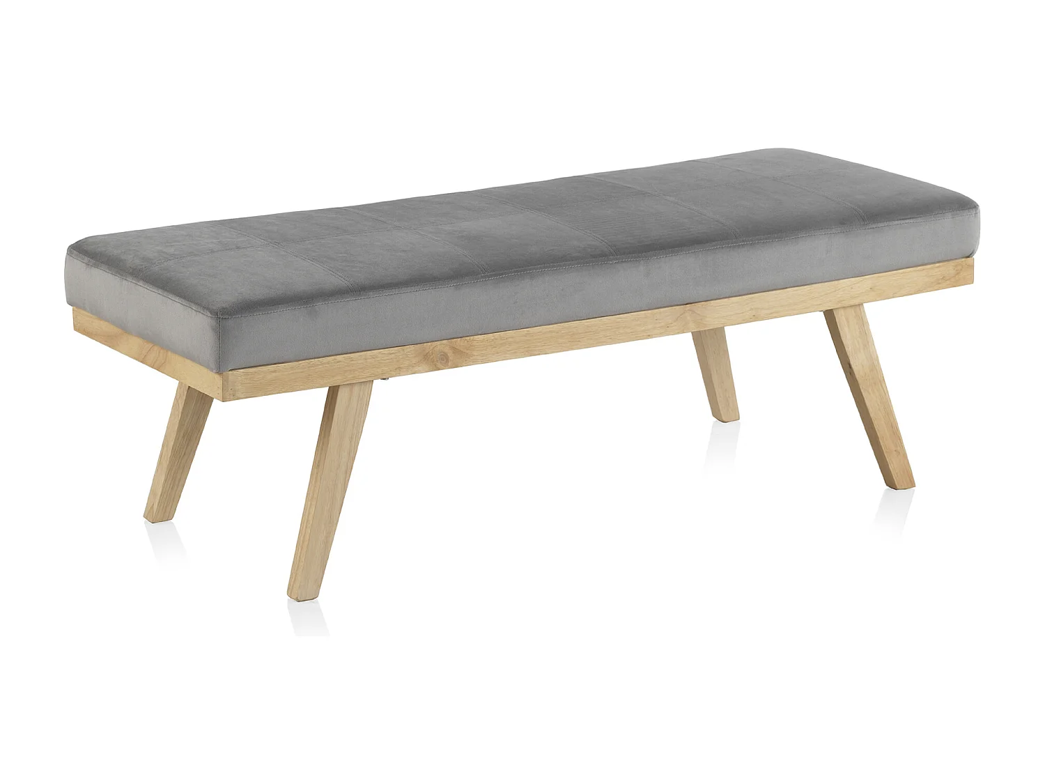 Banquette rembourrée en tissu velours gris avec pieds en bois