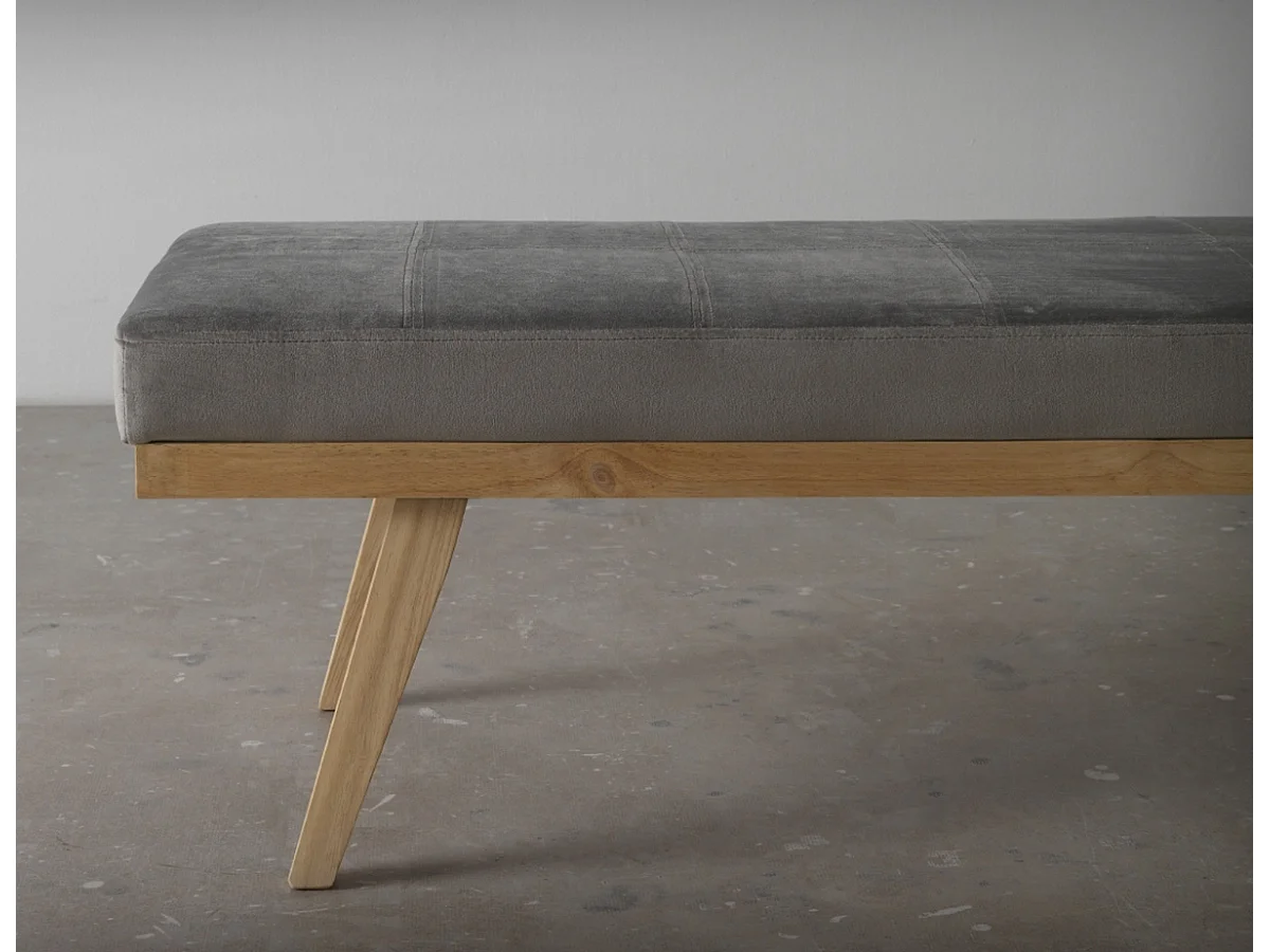 Sgabello imbottito con tessuto di velluto grigio e gambe in legno