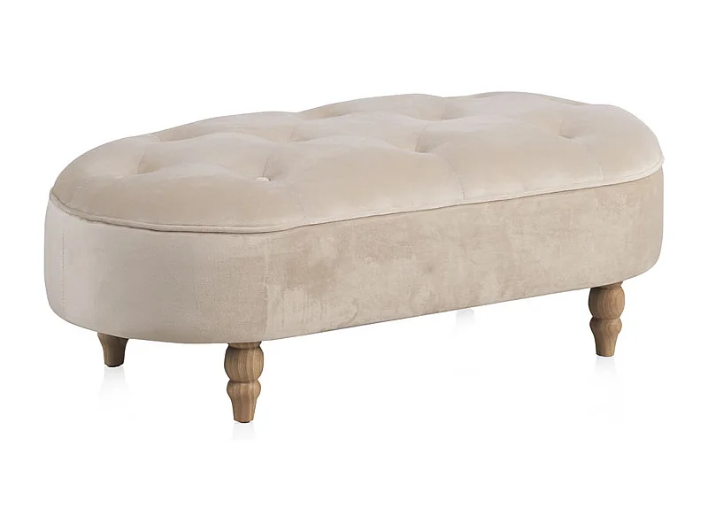 Gepolsterte Bank mit beigem Samtstoff und Holzbeinen