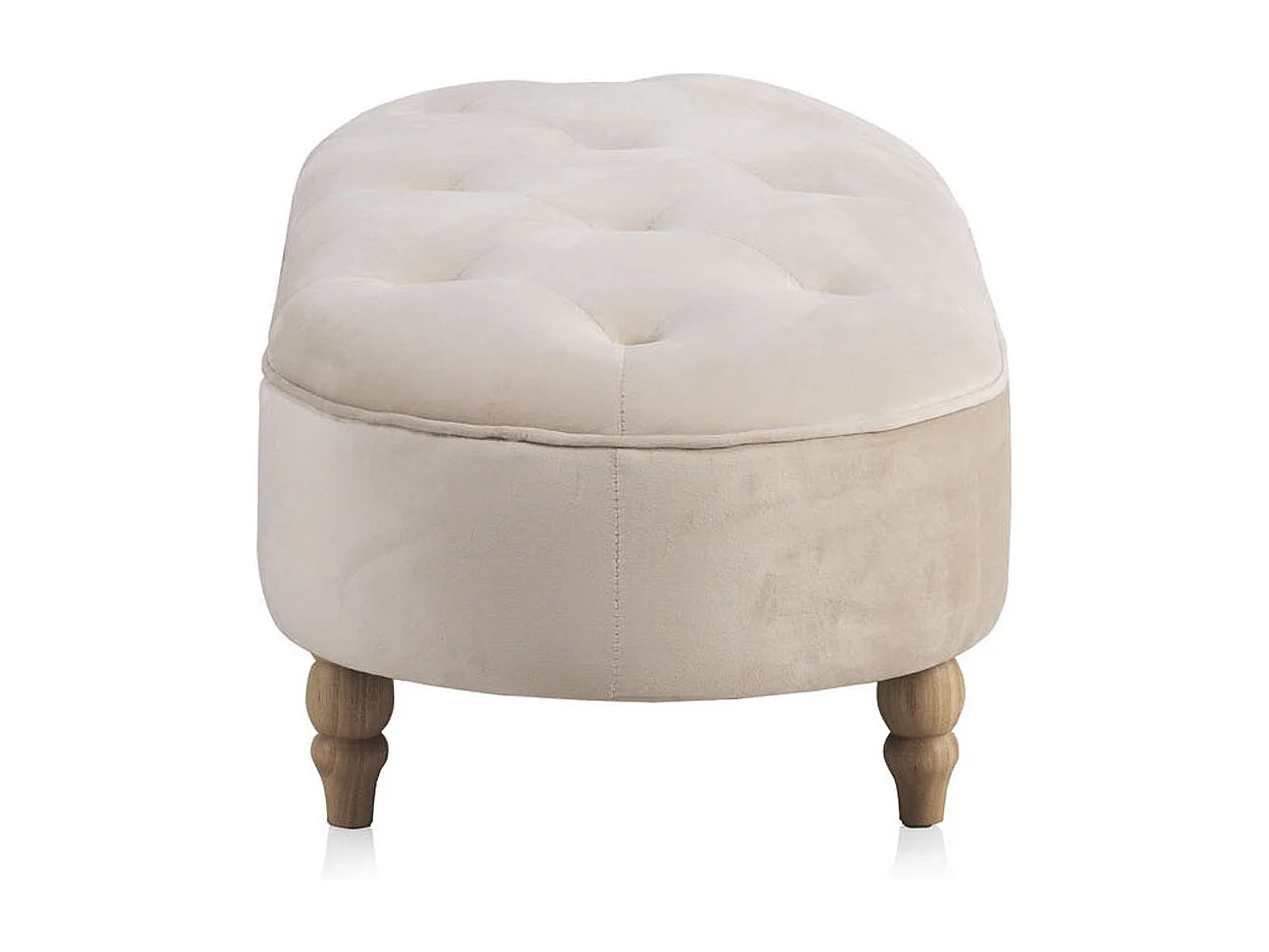 Gepolsterde bank in beige fluweel met houten poten