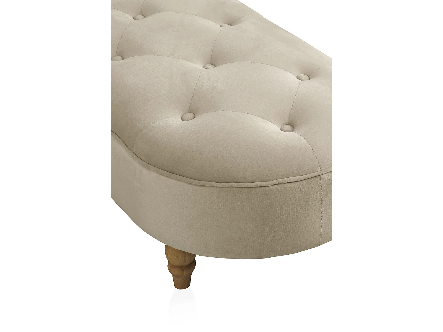Gepolsterde bank in beige fluweel met houten poten
