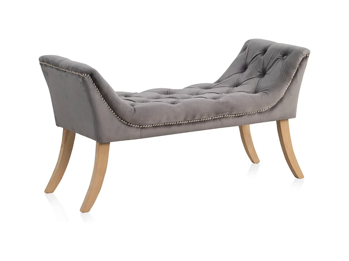 Tabouret tapissé en tissu velours gris et pieds en bois