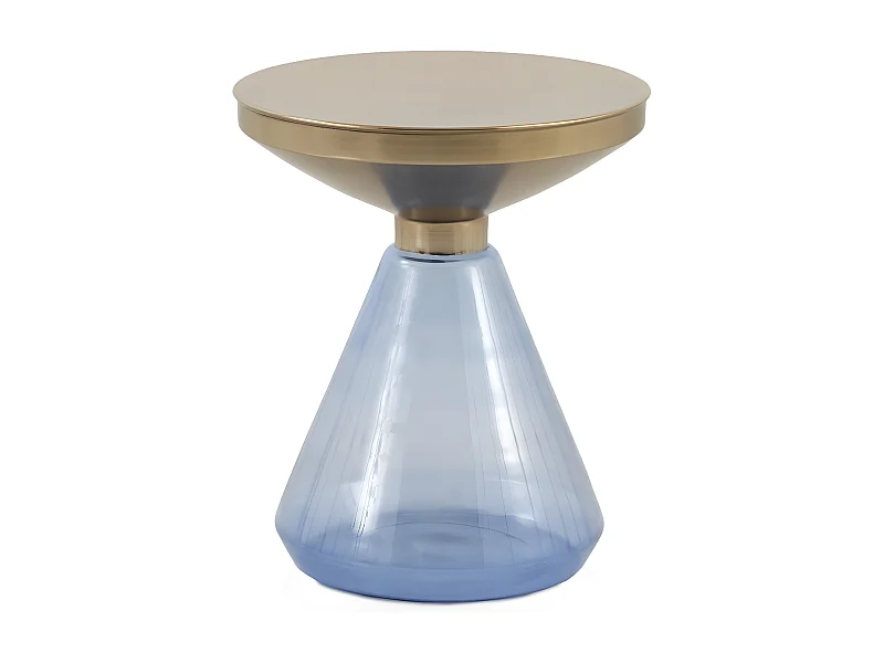 Beistelltisch mit blauem Glasfuß und goldfarbener Metallplatte