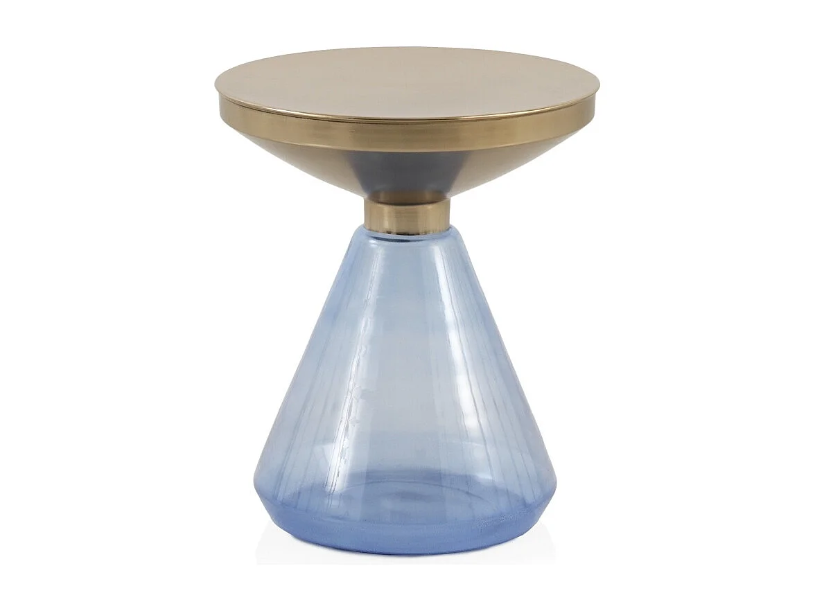 Mesa de apoio com base de vidro azul e tampo de metal dourado