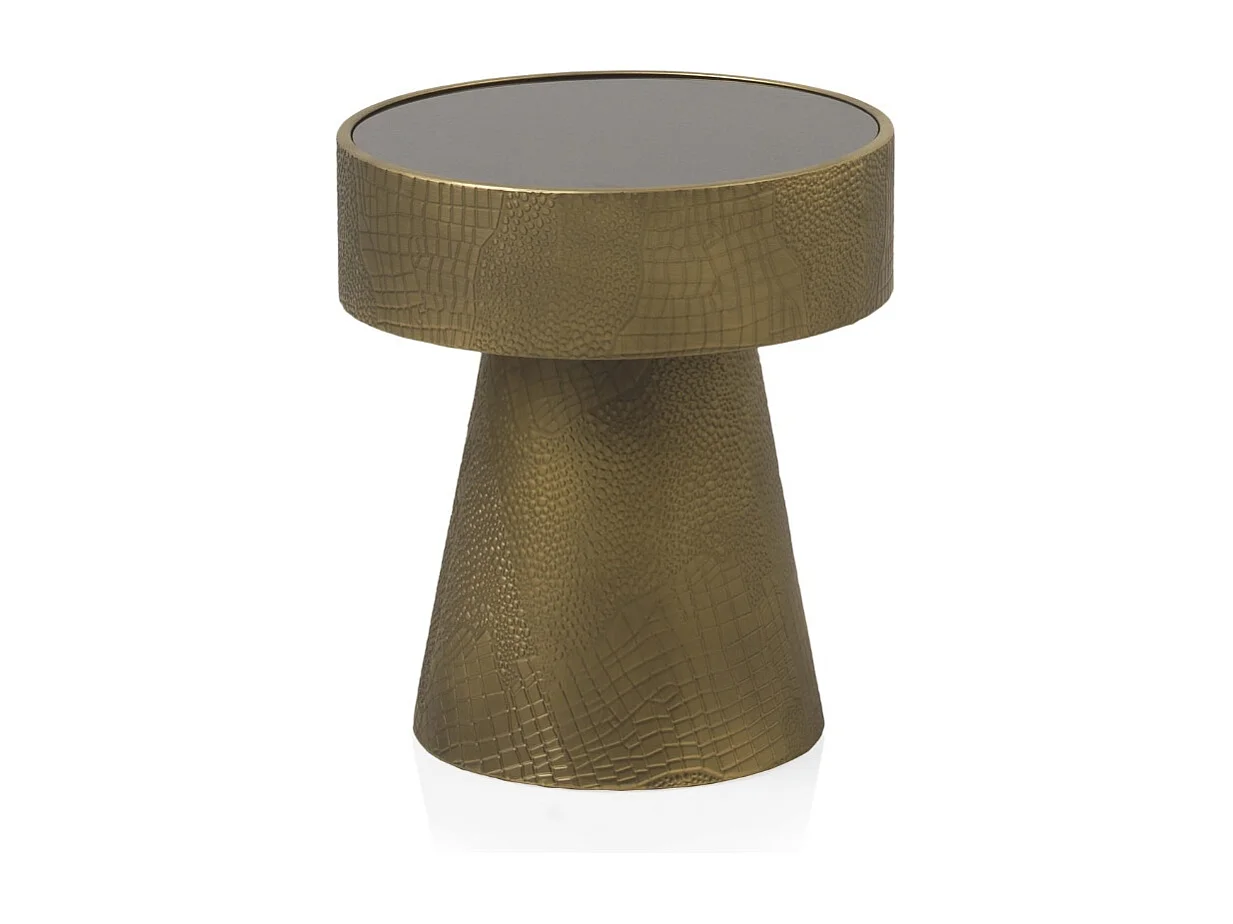 Mesa de apoio em metal dourado e vidro preto