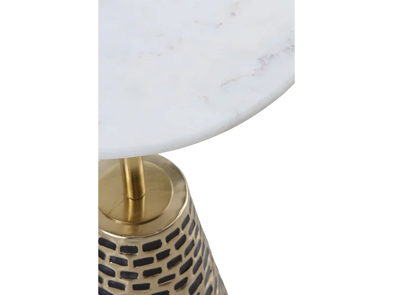 Tavolino con base in metallo oro antico e piano in marmo bianco