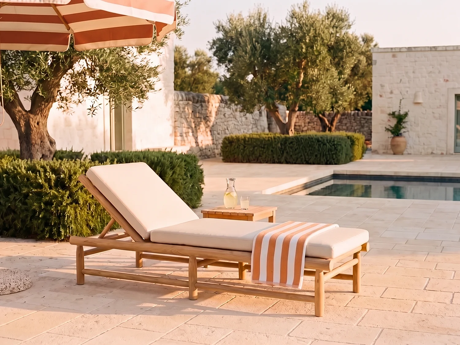 Teak Sun Lounger with Mattress - Light Natural and White - TULUM by MYLIA