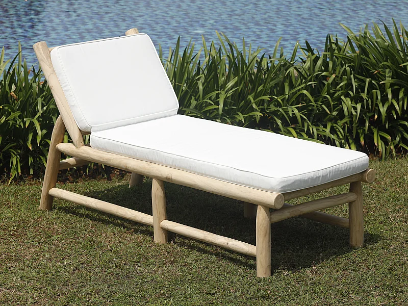 Bain de soleil en teck avec matelas - Naturel clair et blanc - TULUM de MYLIA