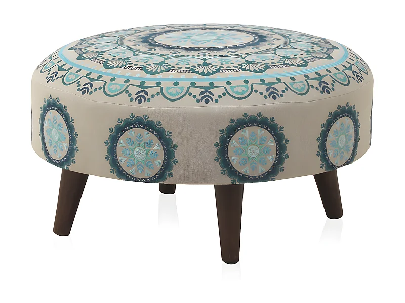 Ottoman rond tapissé avec pieds en bois couleur lin