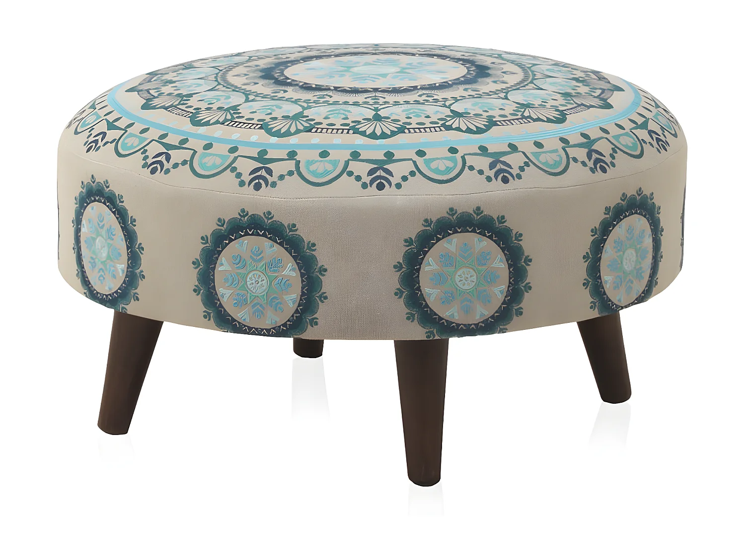 Runder gepolsterter Hocker mit leinenfarbenen Holzbeinen