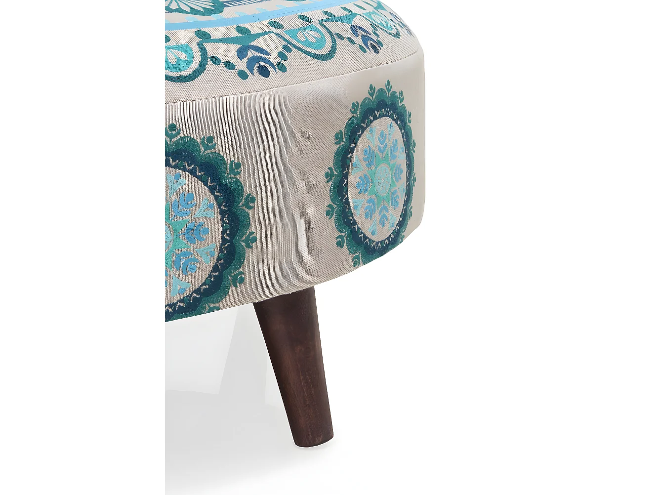 Runder gepolsterter Hocker mit leinenfarbenen Holzbeinen