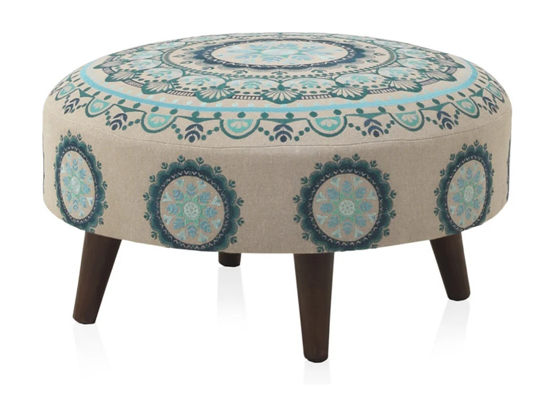 Puff tapizado redondo con patas de madera color lino