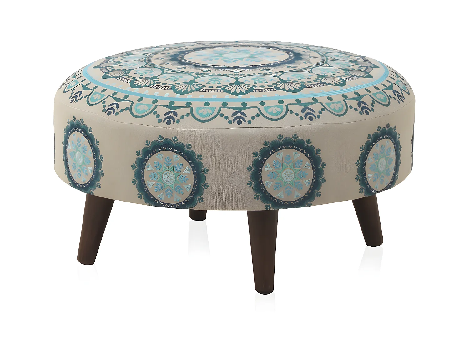 Ottoman rond tapissé avec pieds en bois couleur lin