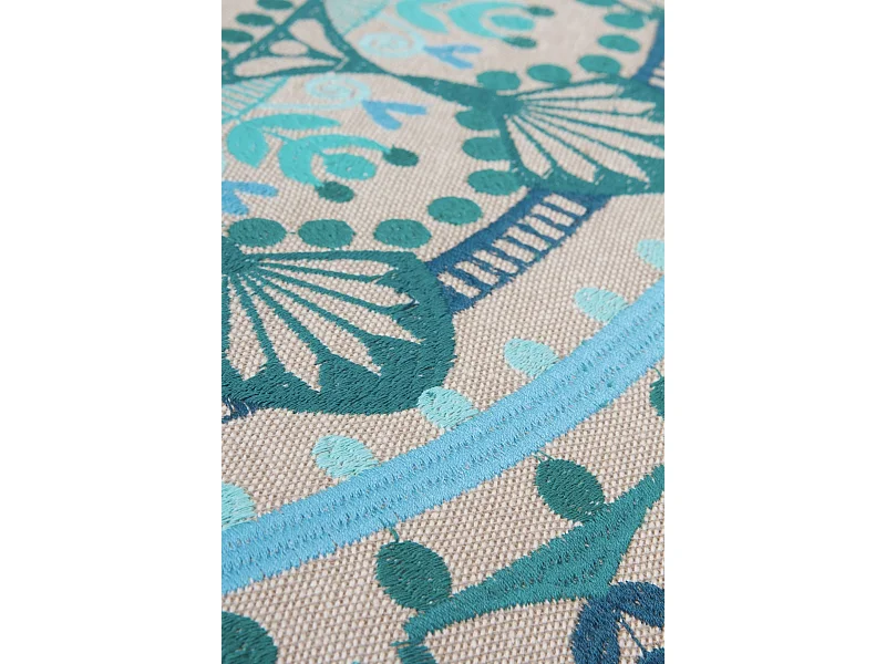 Runder gepolsterter Hocker mit leinenfarbenen Holzbeinen