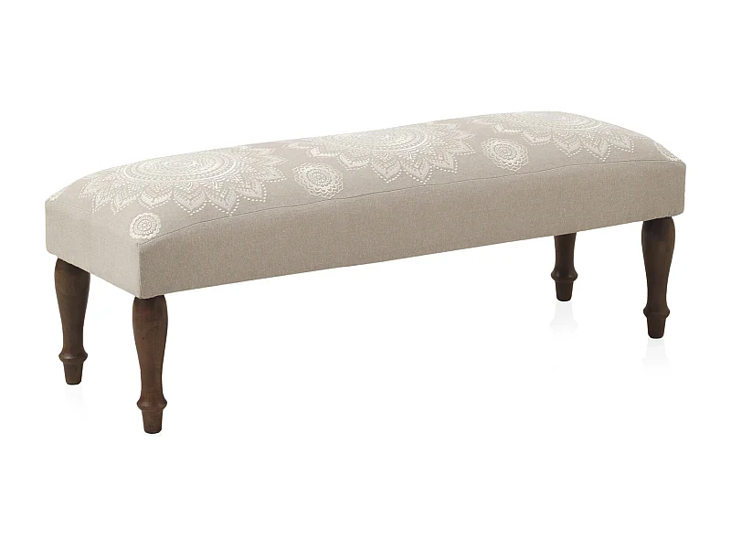 Banqueta tapizada en beige con patas de madera