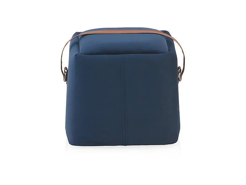 Mit blauem Samtstoff gepolsterter Sitzhocker mit Griff aus Kunstleder