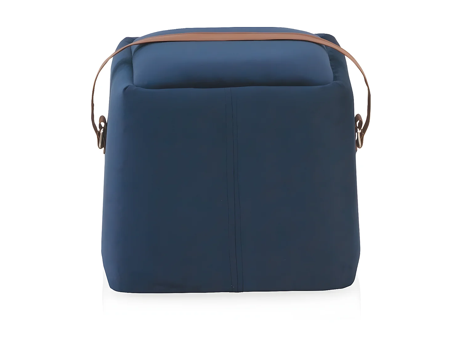 Puff tapizado con tejido aterciopelado azul con asa imitacion piel