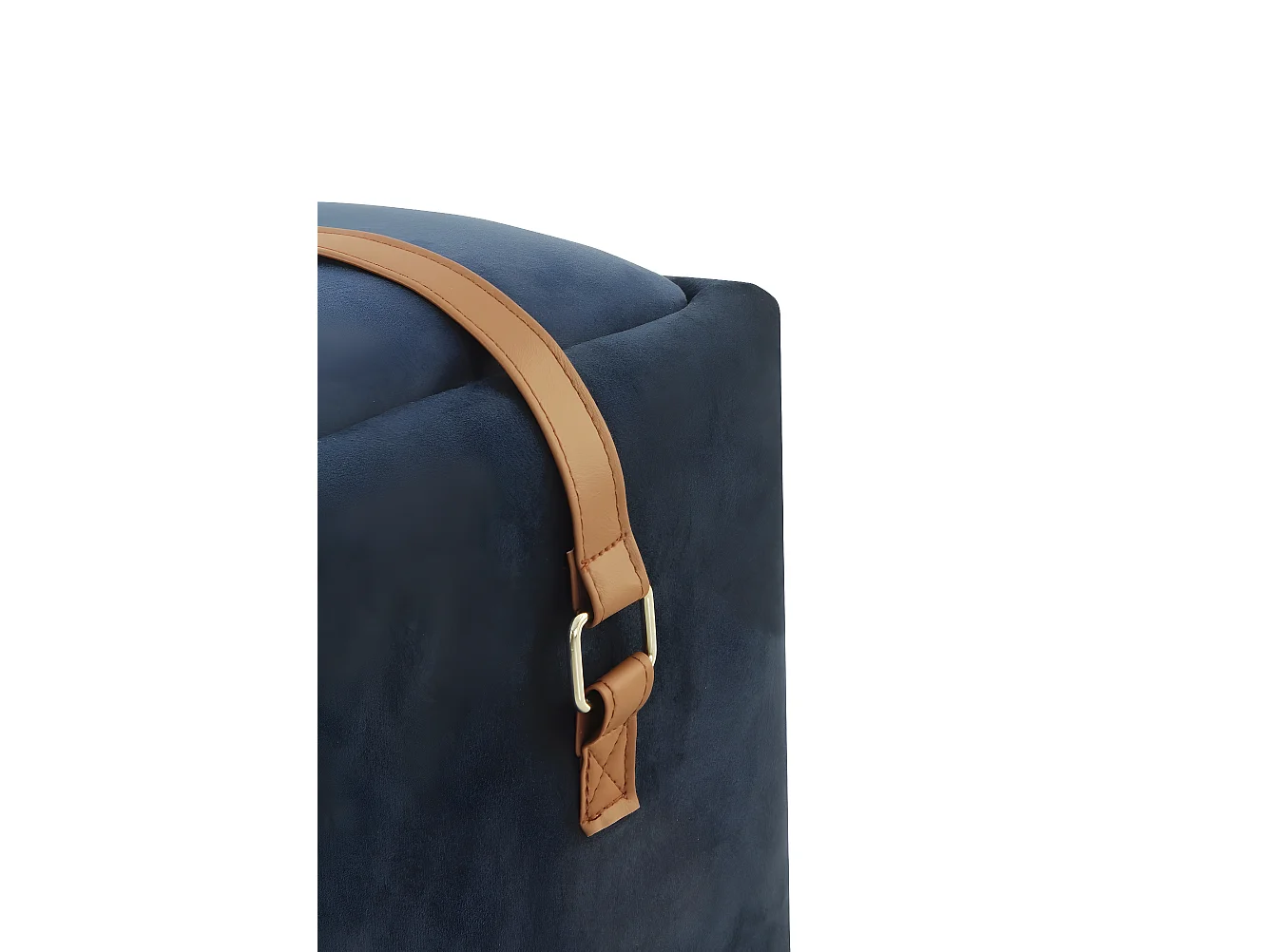 Puff tapizado con tejido aterciopelado azul con asa imitacion piel