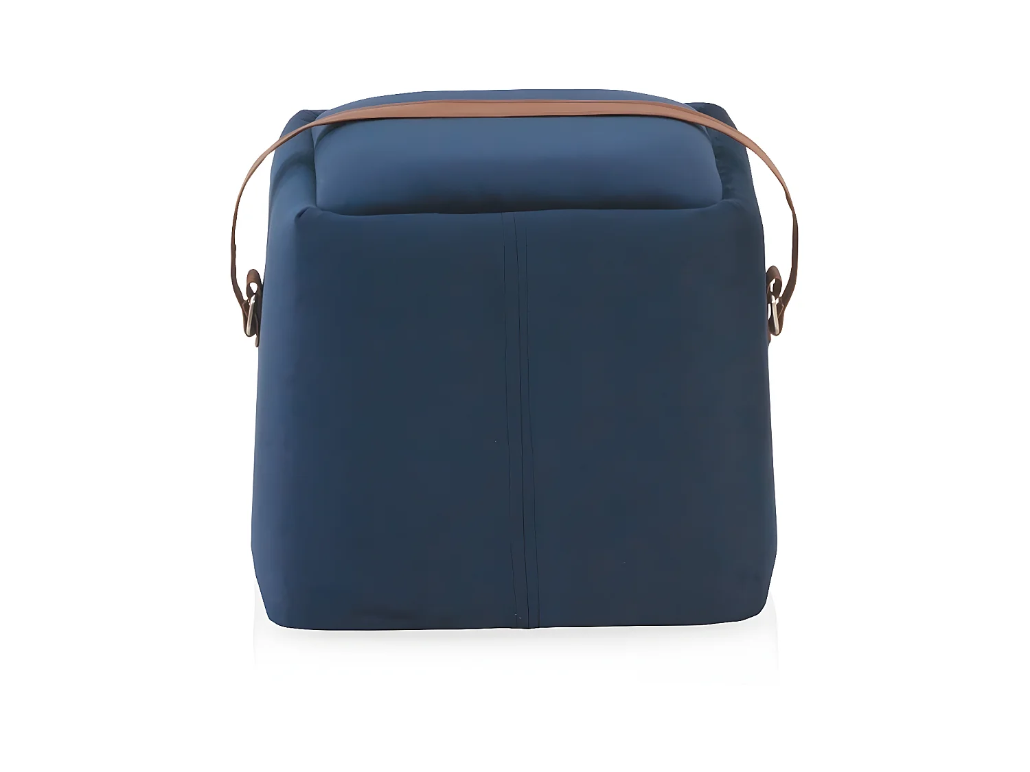 Pouf tapissé en velours bleu avec poignée en simili cuir