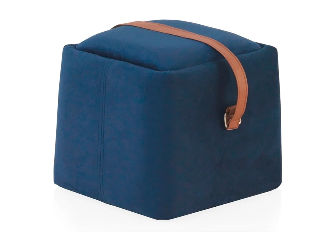 Puff tapizado con tejido aterciopelado azul con asa imitacion piel