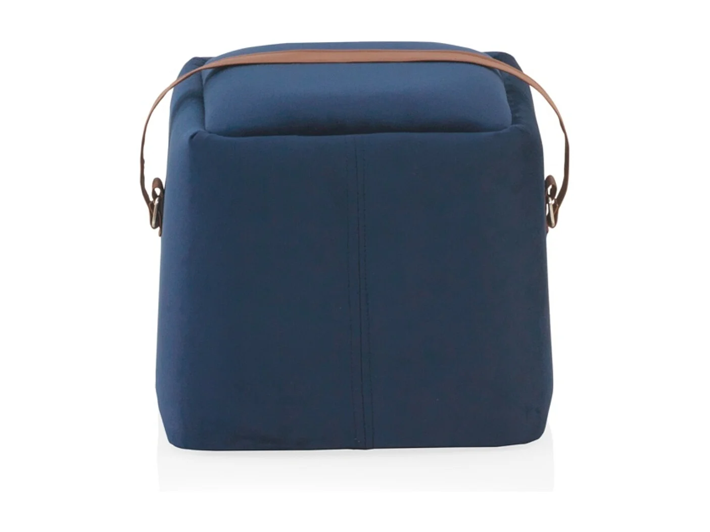 Puff tapizado con tejido aterciopelado azul con asa imitacion piel