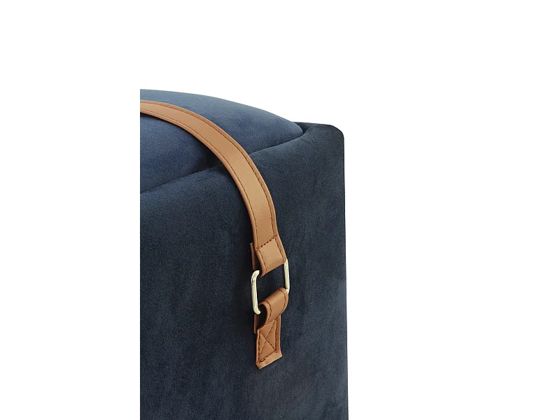 Puff tapizado con tejido aterciopelado azul con asa imitacion piel