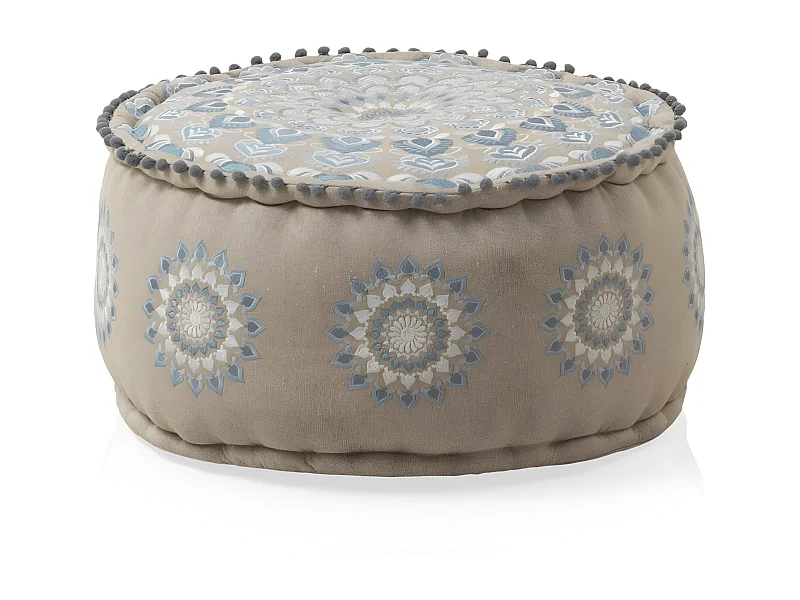 Pufe redondo em tecido com 55 cm de diâmetro, cor linho