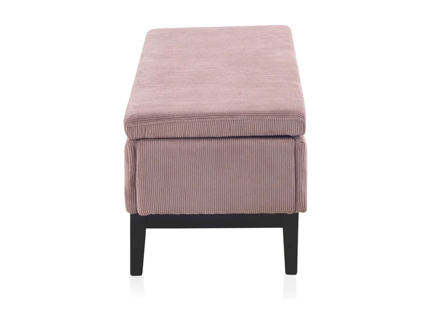 Banquette-coffre rembourrée rose pastel avec pieds en bois noir