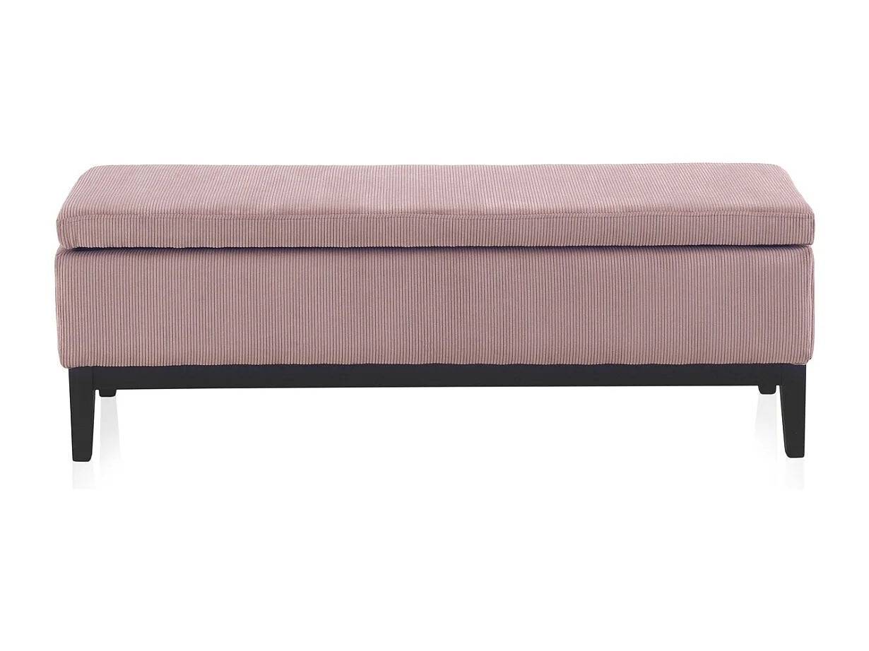 Pastellrosa gepolsterte Truhenbank mit schwarzen Holzbeinen