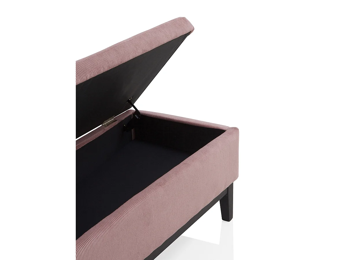 Banquette-coffre rembourrée rose pastel avec pieds en bois noir