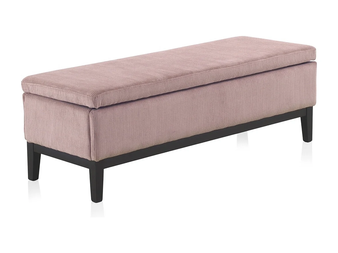 Banquette-coffre rembourrée rose pastel avec pieds en bois noir