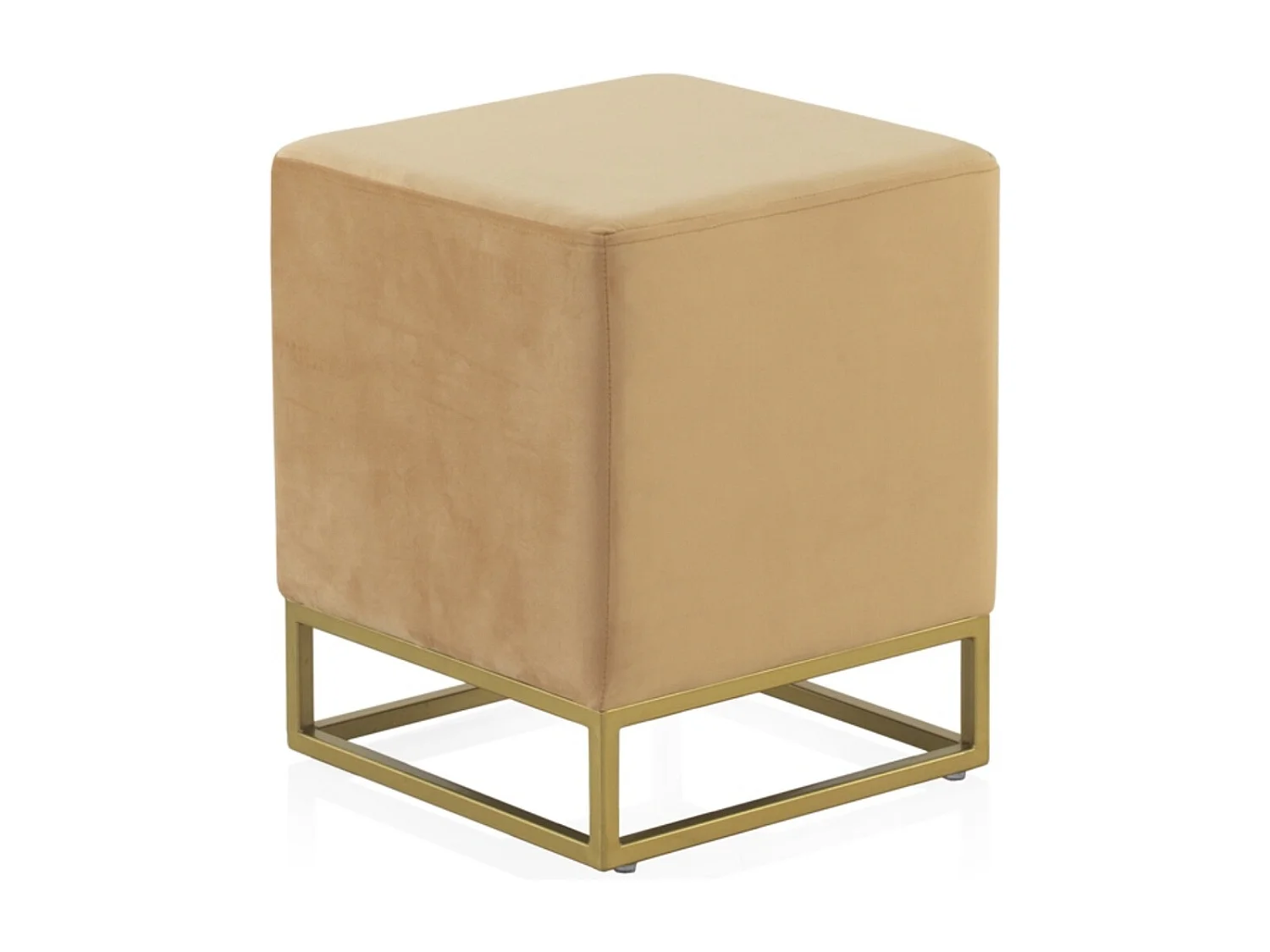Pufe estofado em tecido de veludo mostarda com base dourada