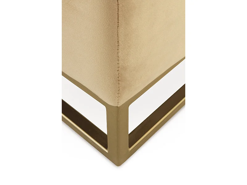 Pufe estofado em tecido de veludo mostarda com base dourada