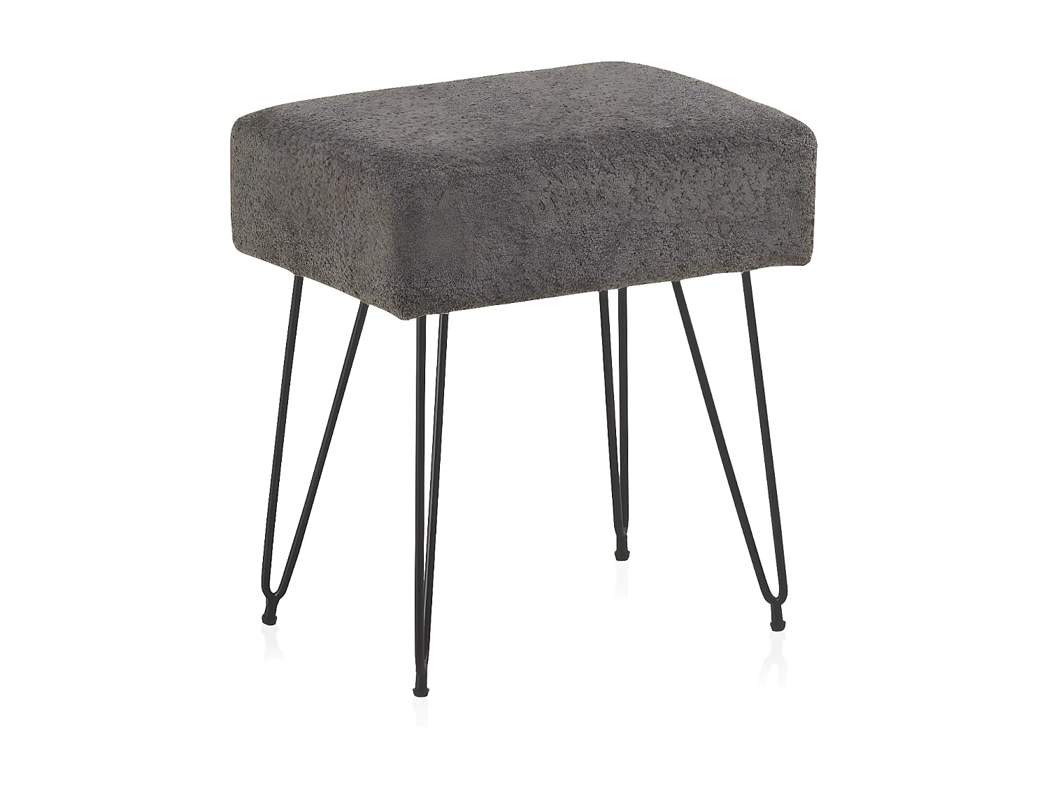 Grau gepolsterter Hocker mit schwarzen Metallbeinen