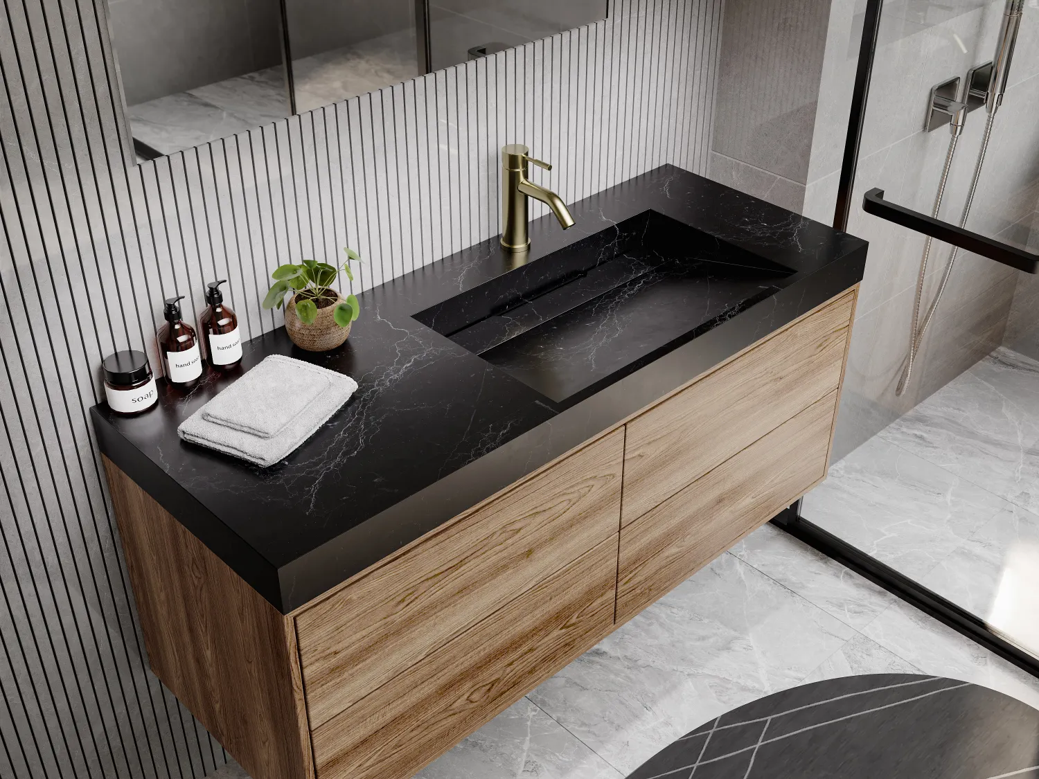 Lavabo flotante de solid surface efecto mármol negro - 120 x 45 x 8 cm - OKAPA