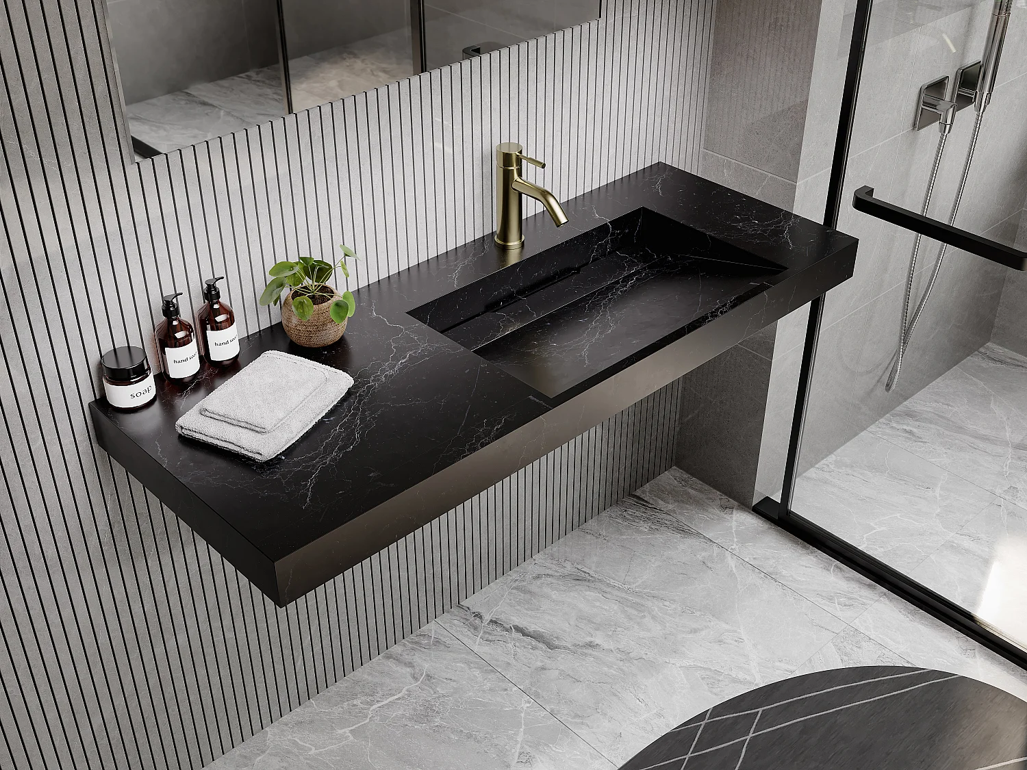 Hangende wastafel van solid surface met zwart marmereffect - 120 x 45 x 8 cm - OKAPA