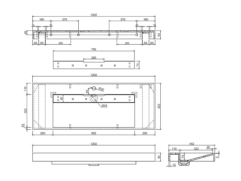 Hangende wastafel van solid surface met zwart marmereffect - 120 x 45 x 8 cm - OKAPA